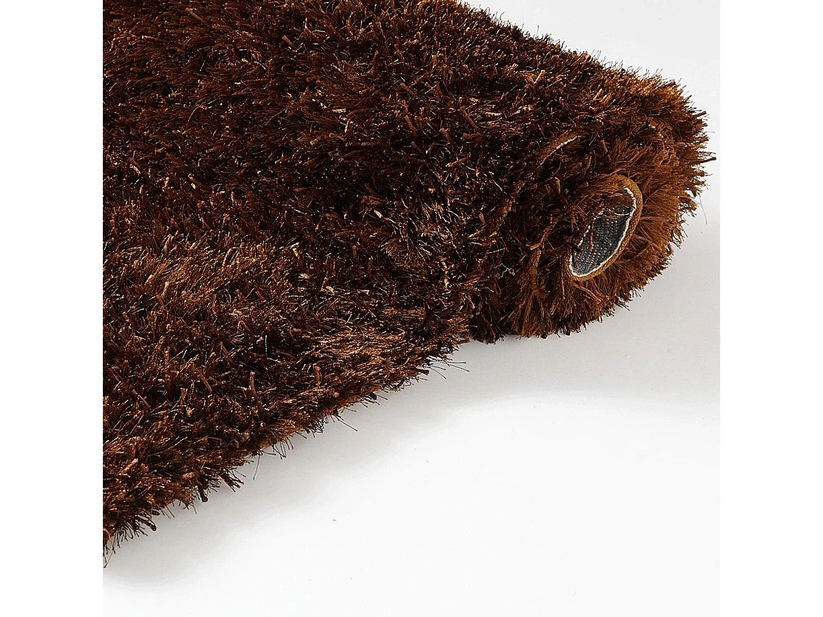 Tapis longs poils shaggy Ø140cm rond fait main marron motif uni MELANGE