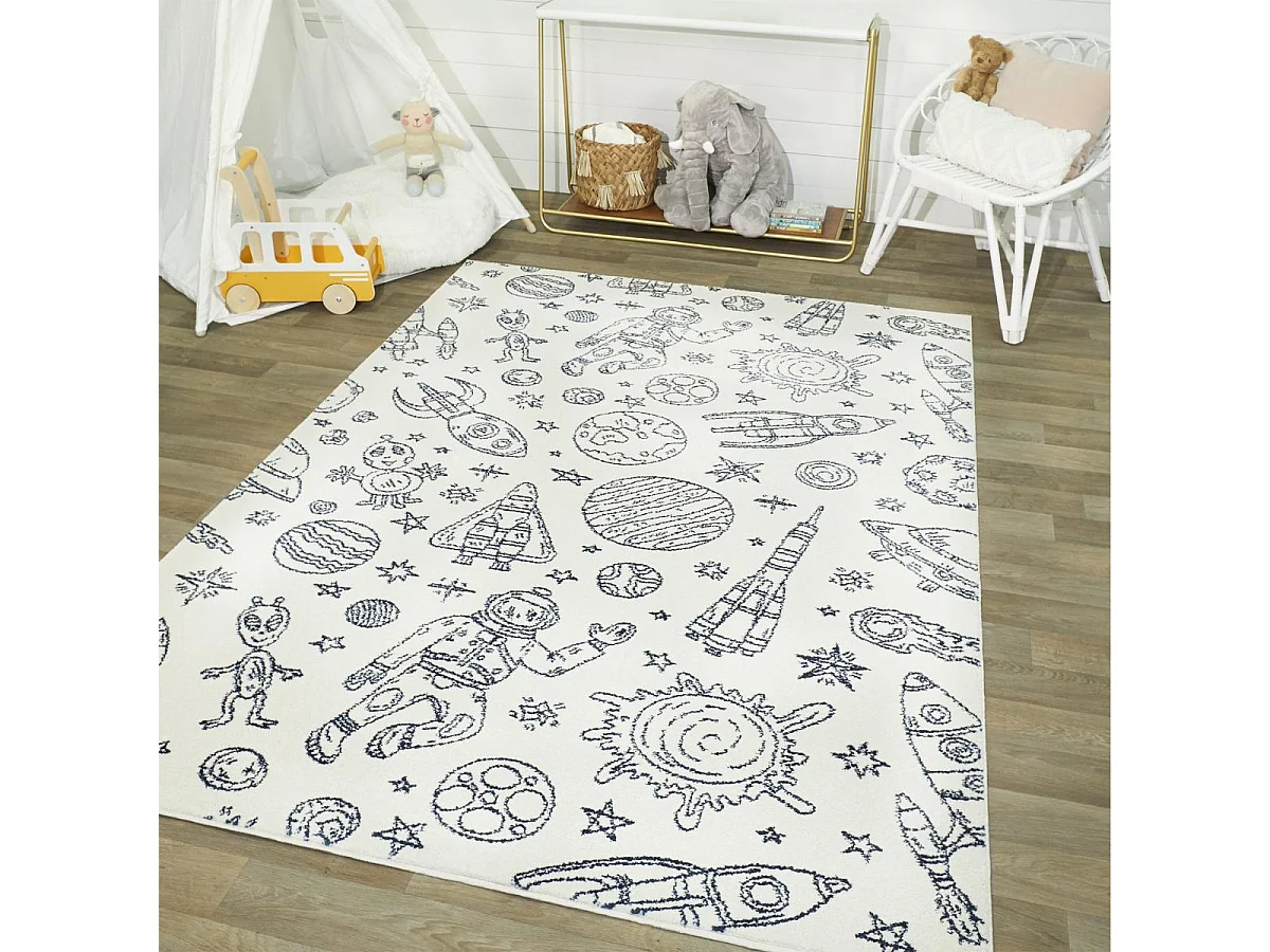tapis salon 160x213 tissé crème et bleu rectangle motif géométrique NOURNA 3