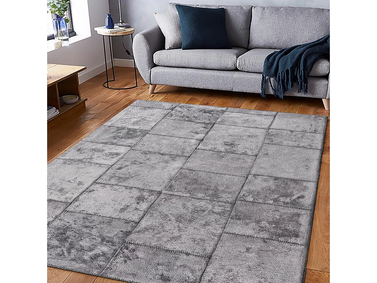 Tapis kilim 160x230 rectangle tissé en coton gris motif géométrique PATSHY