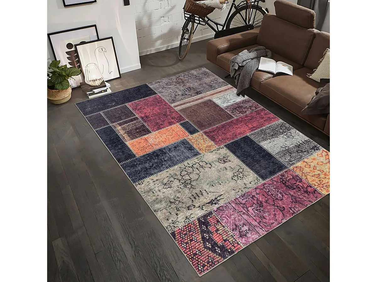 tapis chambre 120x170 tissé orange et noir rectangle motif oriental AKIOK