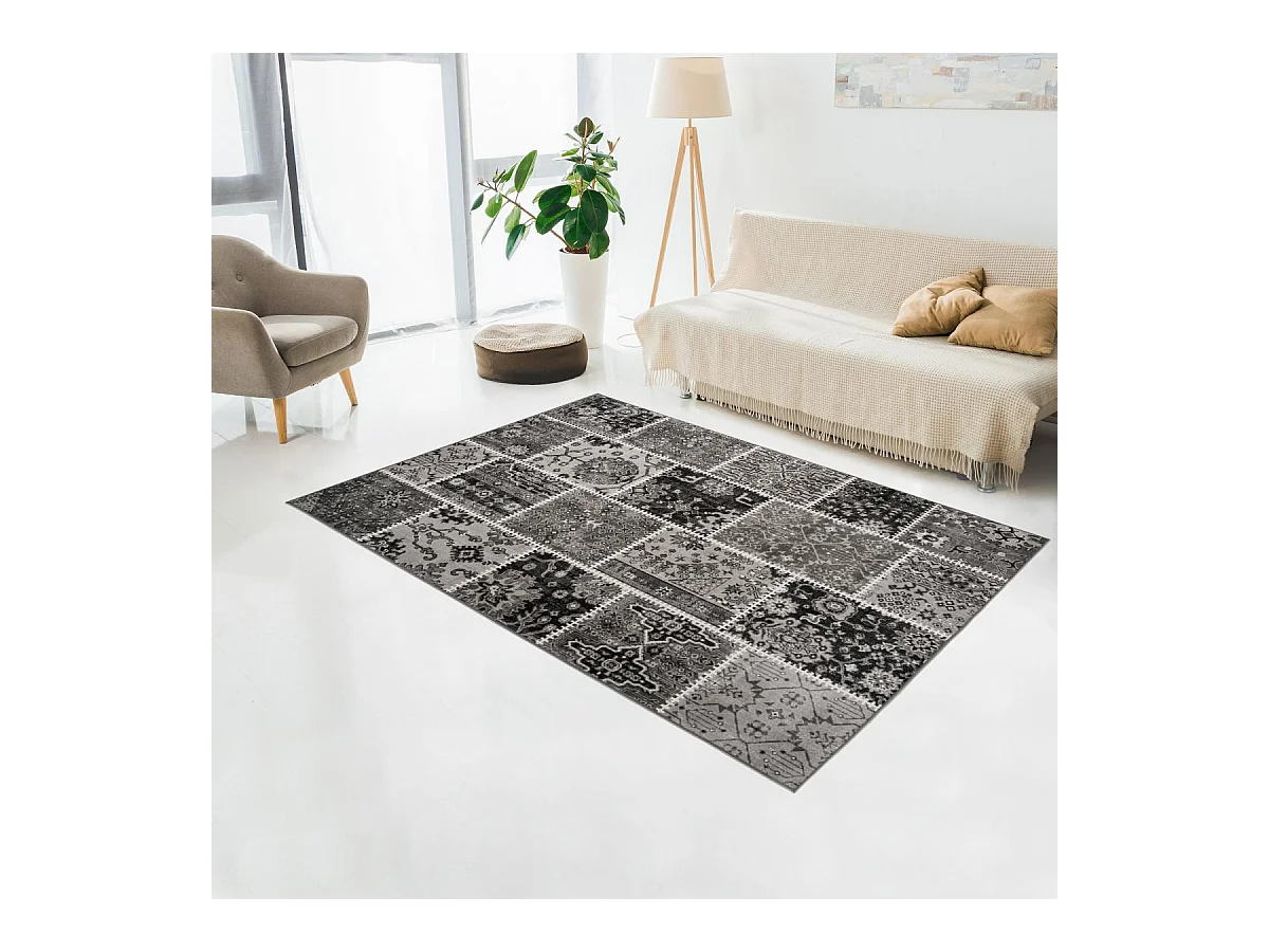 Tapis kilim 160x230 rectangle tissé gris et noir PATCHKUN