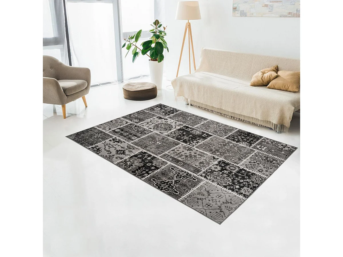 Tapis kilim 160x230 rectangle tissé gris et noir PATCHKUN
