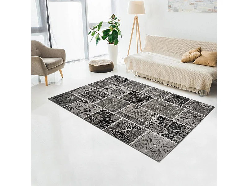 Tapis kilim 160x230 rectangle tissé gris et noir PATCHKUN