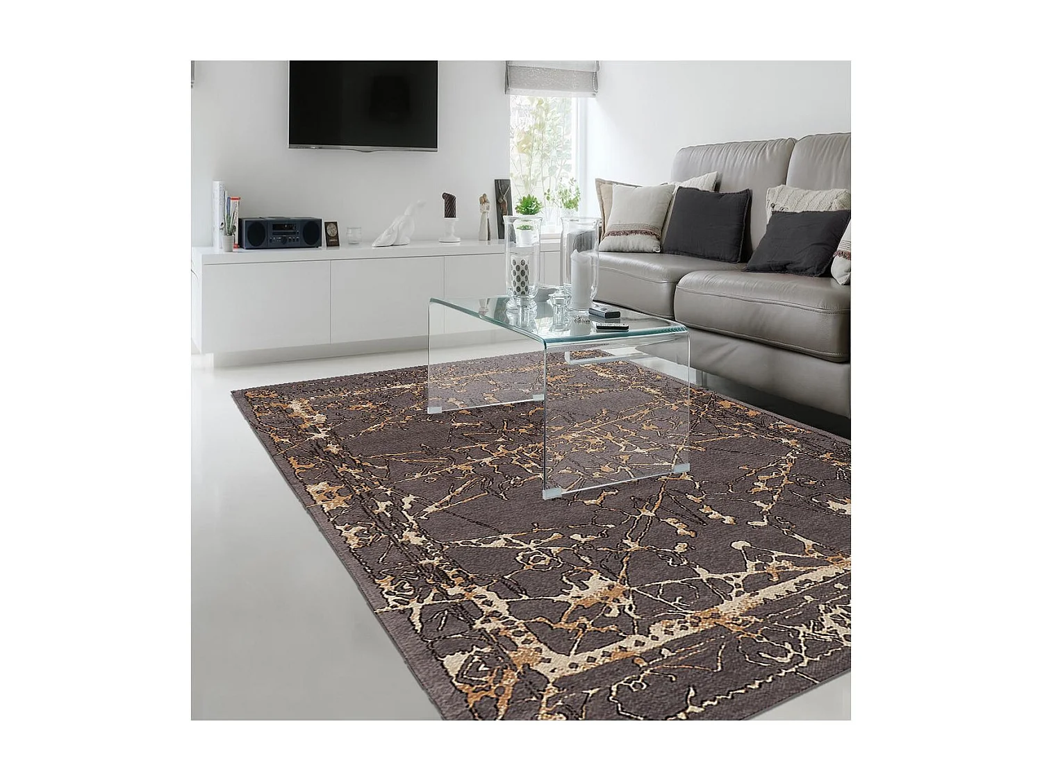 Tapis kilim 200x290 rectangle fait main gris motif abstrait DESTURAL