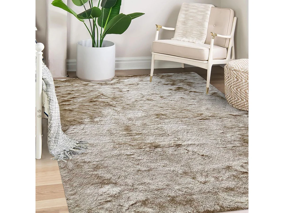 Tapis shaggy 80x140 rectangle fait main beige clair et beige foncé motif uni