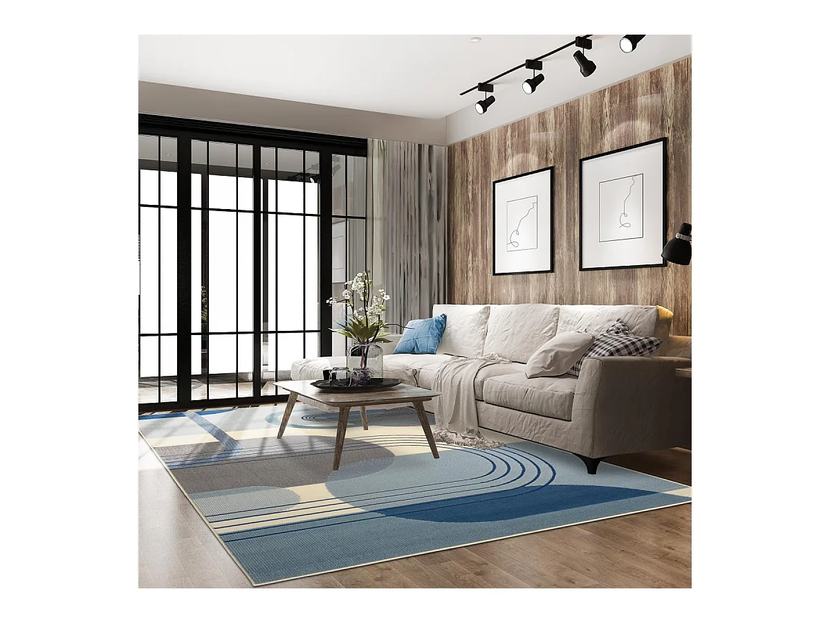 tapis salon 160x225 tissé bleu et crème rectangle motif rétro-vintage AF2 COURBLA