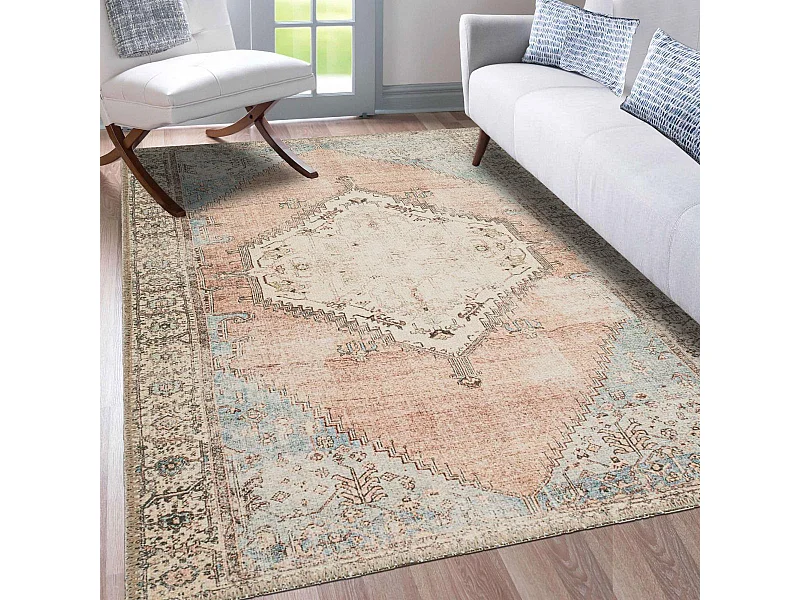 Tapis orient 120x170 rectangle bleu et beige tissé motif classique ORTAGE C