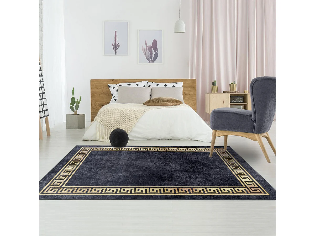 Tappeto Orient 80x250 rettangolo nero e beige intrecciato con motivi orientali HUSLIA