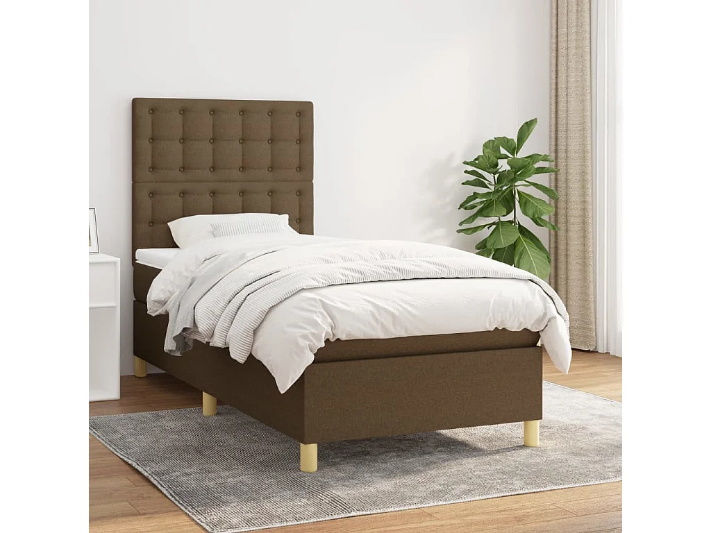 Cama box spring con colchón tela marrón oscuro 90x190 cm