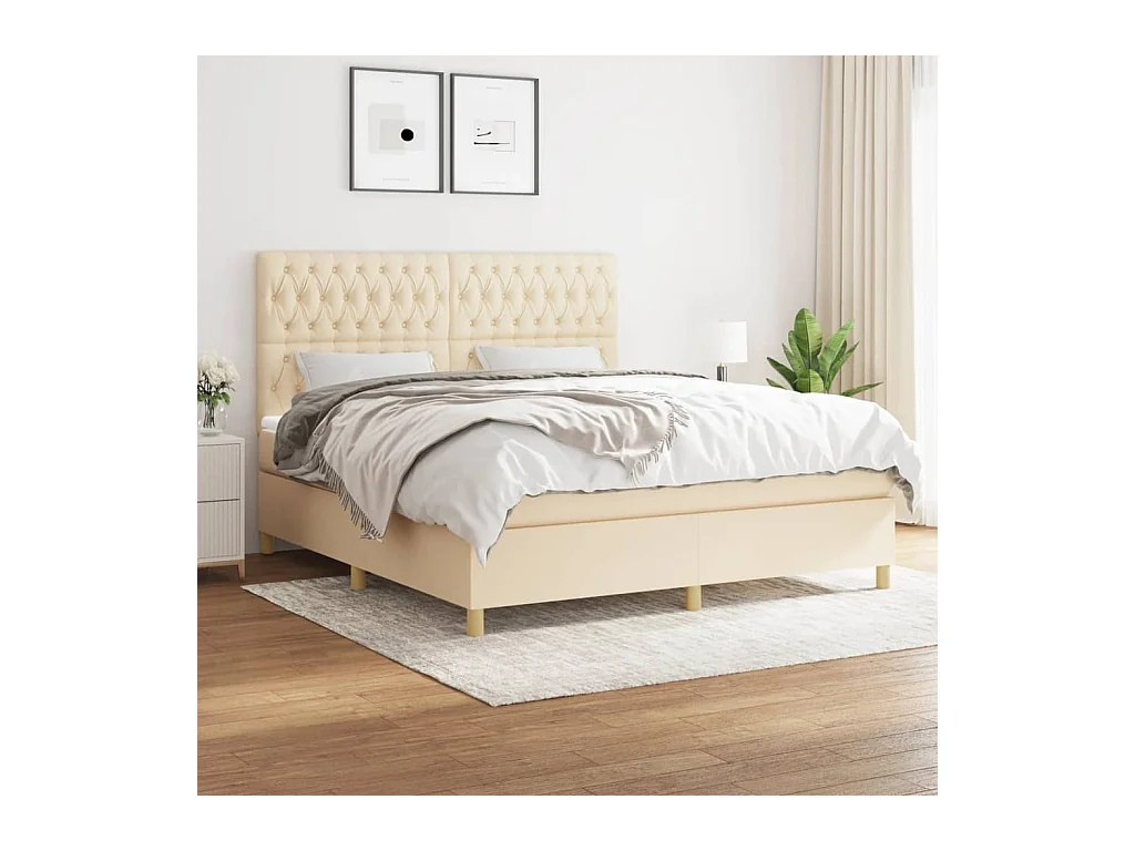 Cama box spring con colchón tela color crema 180x200 cm