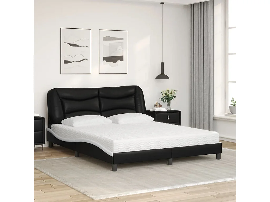 Cama con colchón cuero sintético negro y blanco 160x200 cm