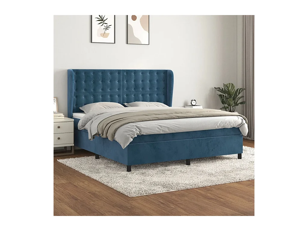 Cama box spring con colchón terciopelo azul oscuro 160x200 cm