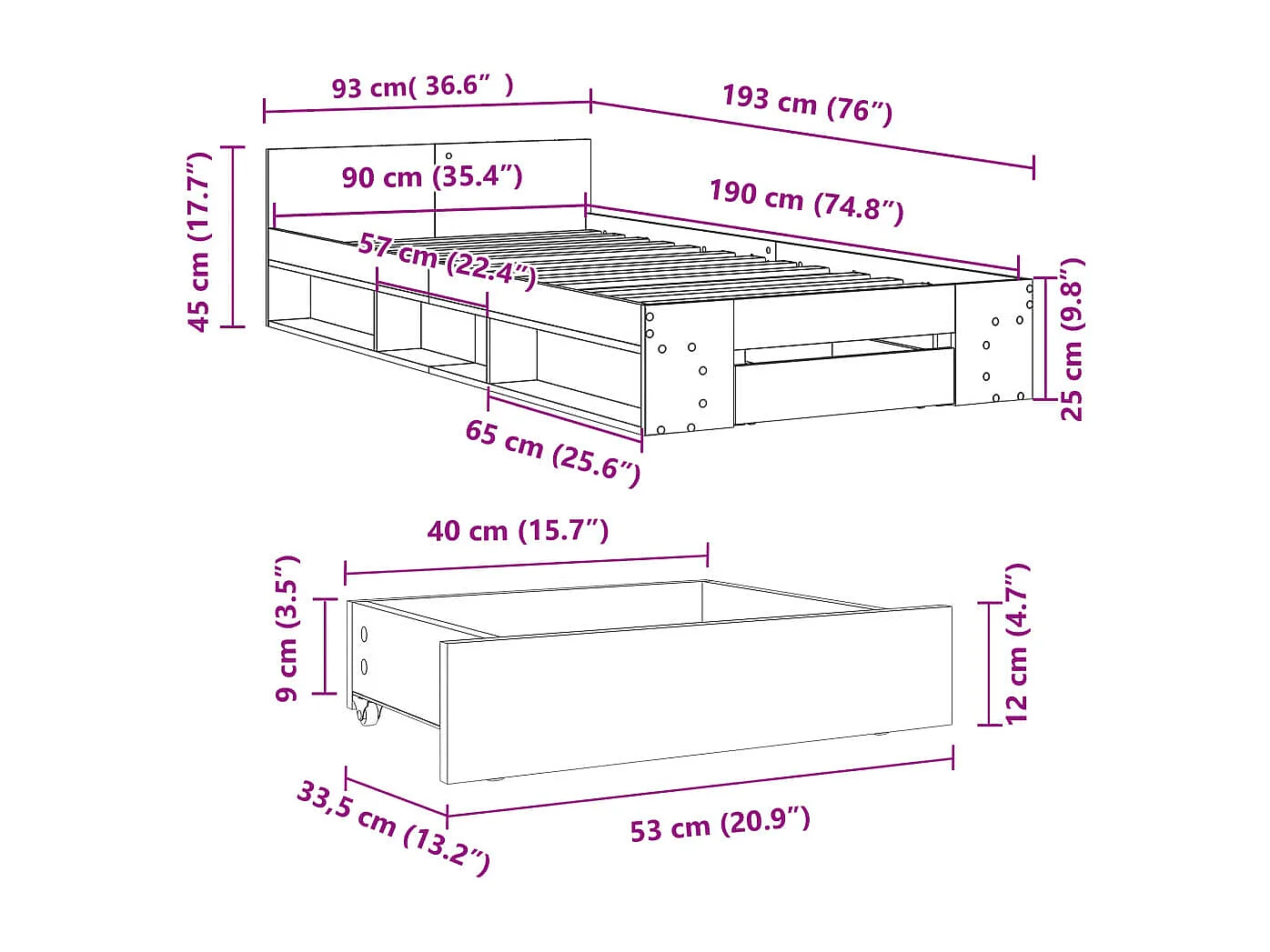 Cama con cajón madera de ingeniería blanca 90x190 cm
