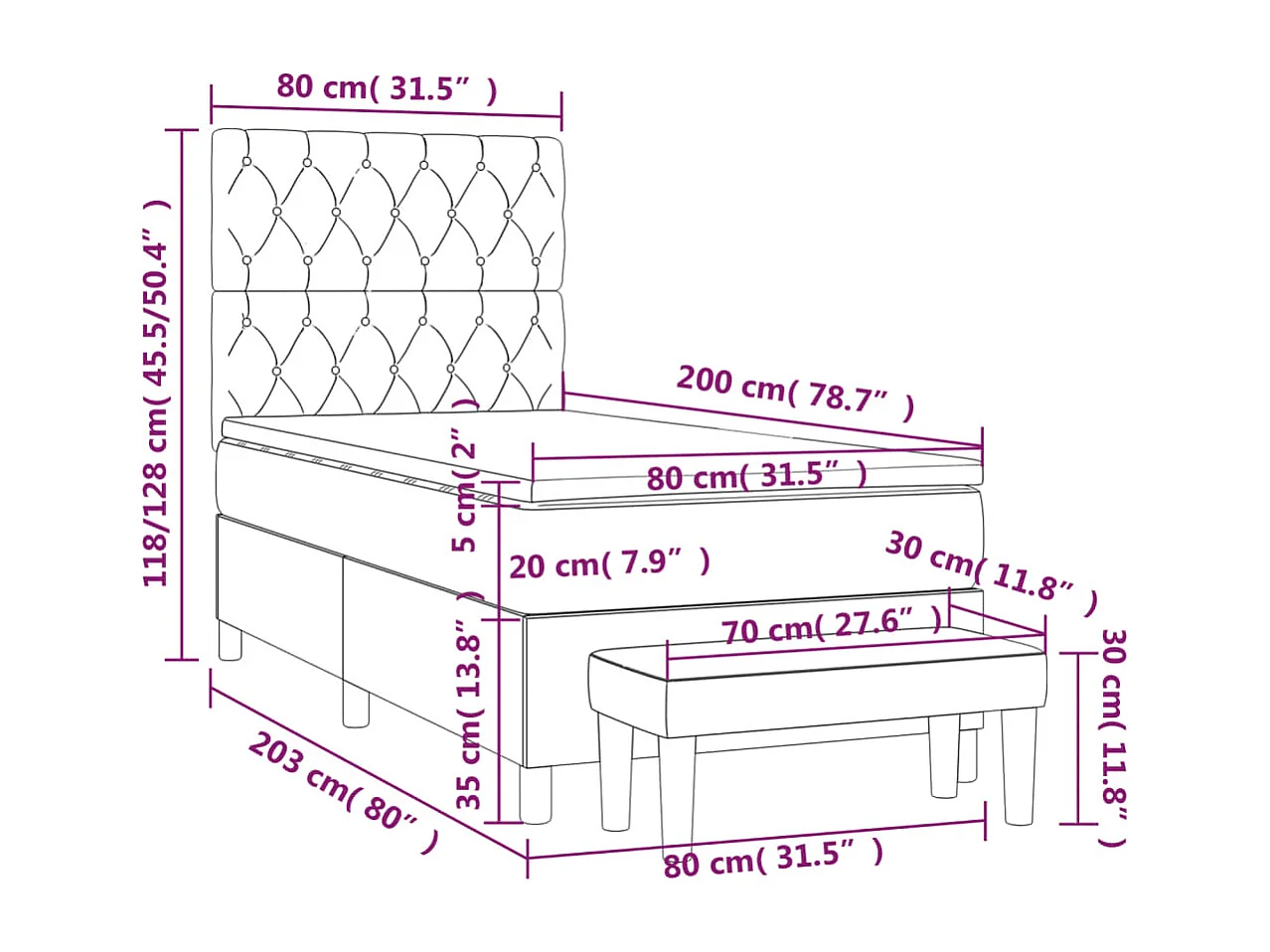 Cama box spring con colchón terciopelo azul oscuro 80x200 cm