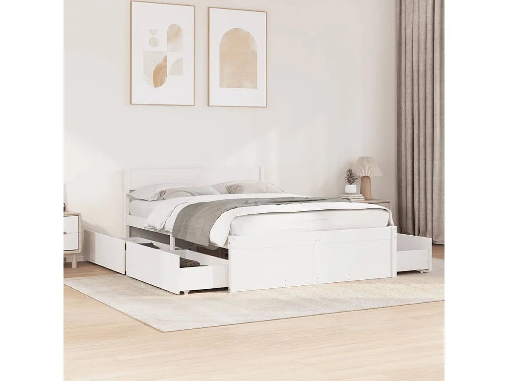 Cadre de lit avec tiroirs blanc 120x190 cm bois pin massif