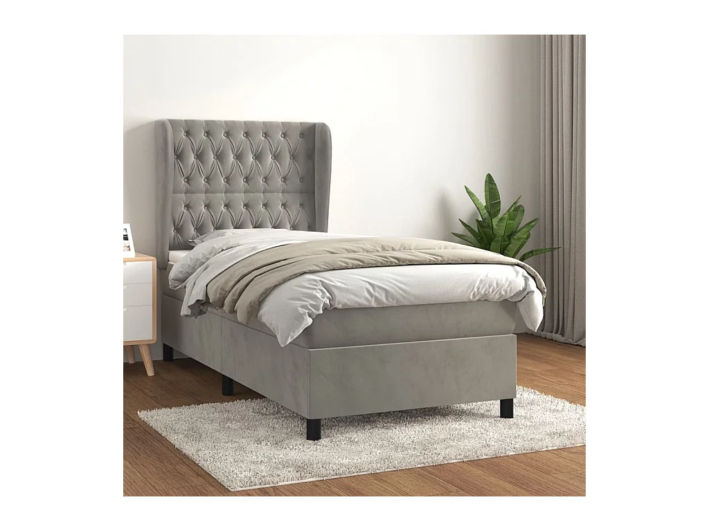 Cama box spring con colchón terciopelo gris claro 80x200 cm