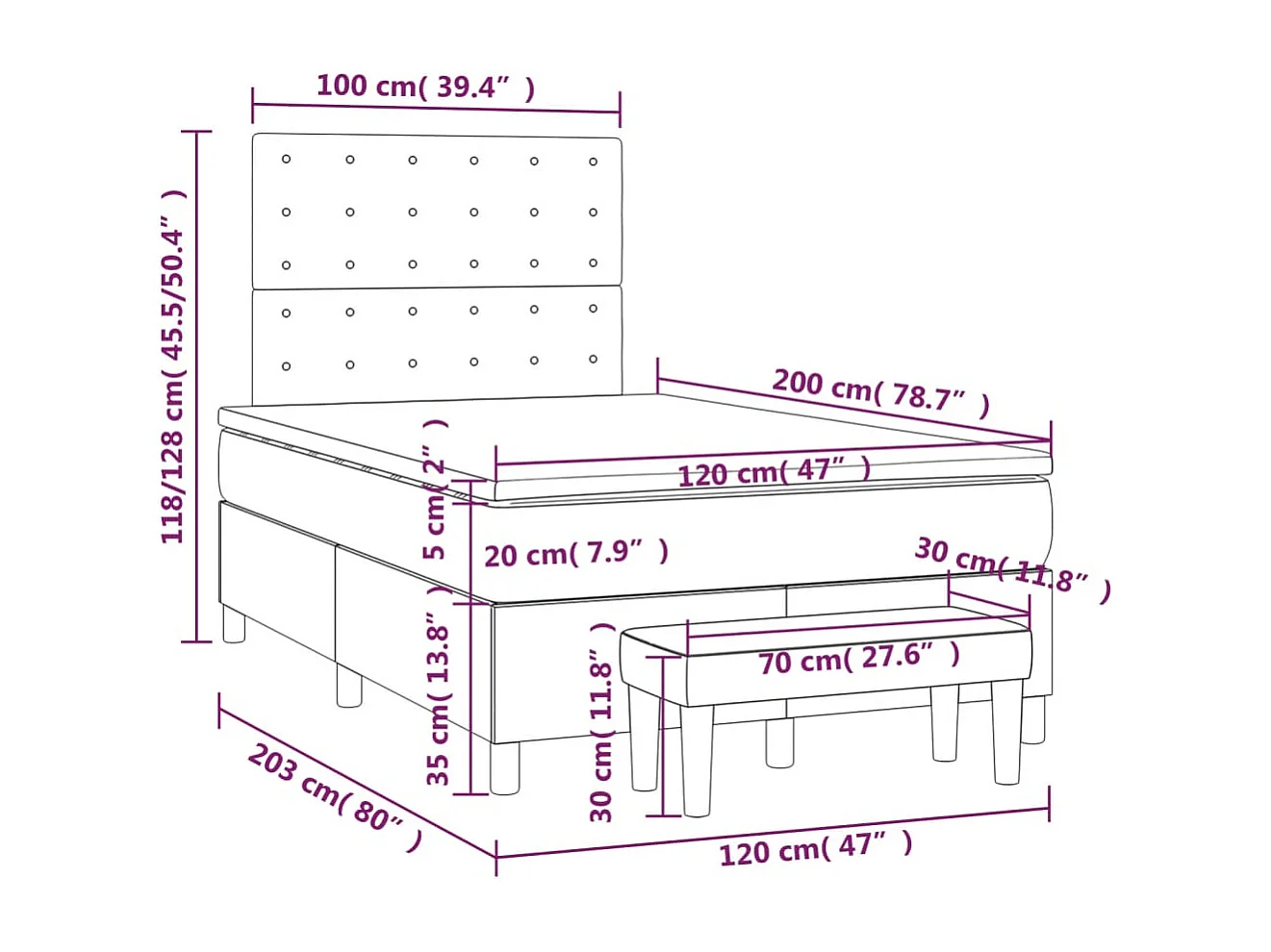 Cama box spring con colchón tela gris oscuro 120x200 cm