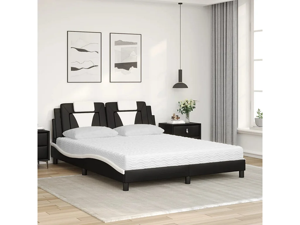 Lit avec matelas noir et blanc 160x200 cm similicuir