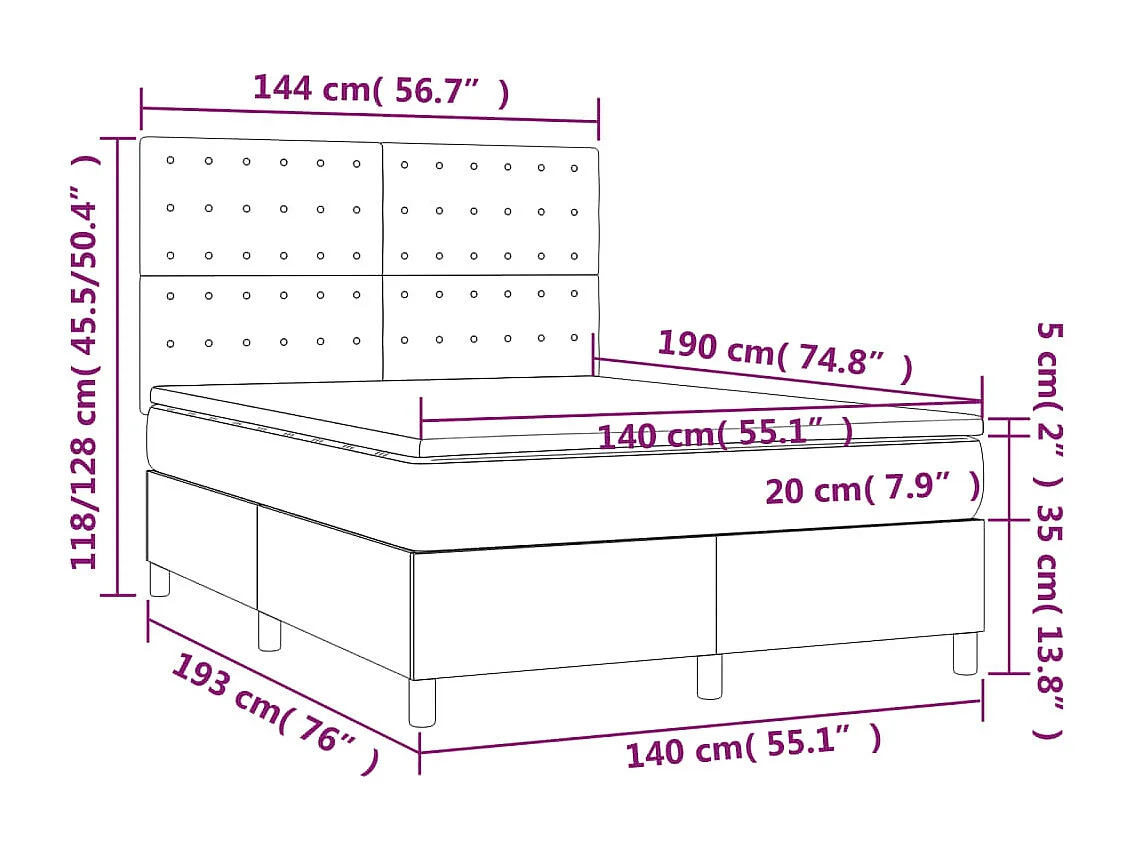Cama box spring con colchón tela gris claro 140x190 cm