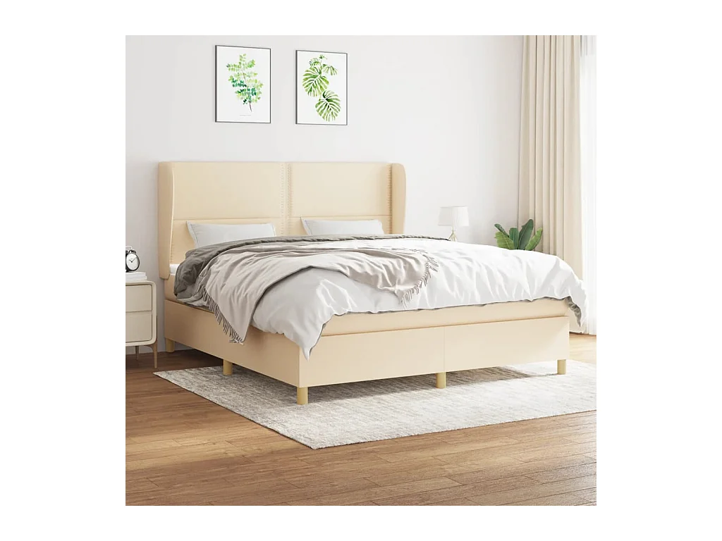 Cama box spring con colchón tela color crema 180x200 cm