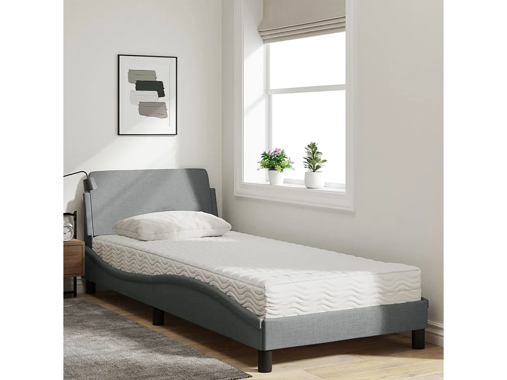 Lit avec matelas gris clair 90x200 cm tissu