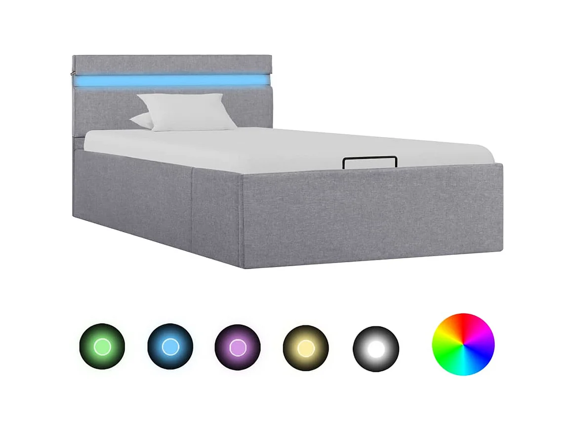 Cama canapé hidráulica almacenaje LED tela gris claro 90x200cm