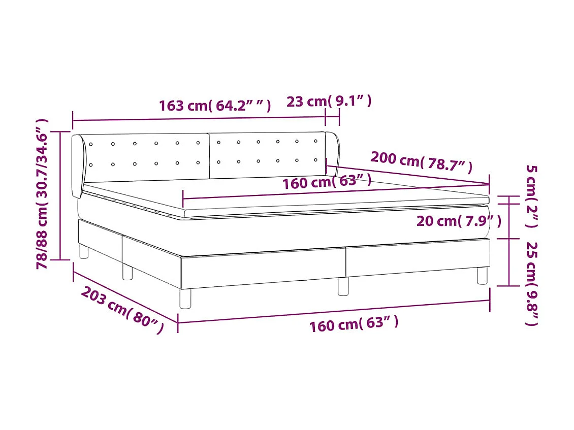 Cama box spring con colchón tela negro 160x200 cm
