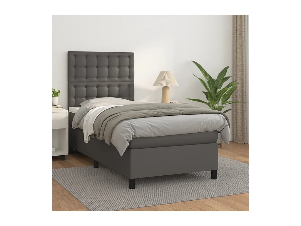 Cama box spring con colchón cuero sintético gris 90x190 cm
