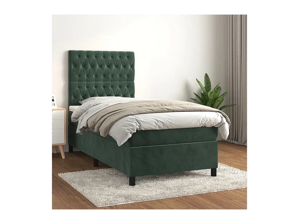 Cama com molas/colchão 100x200 cm veludo verde-escuro