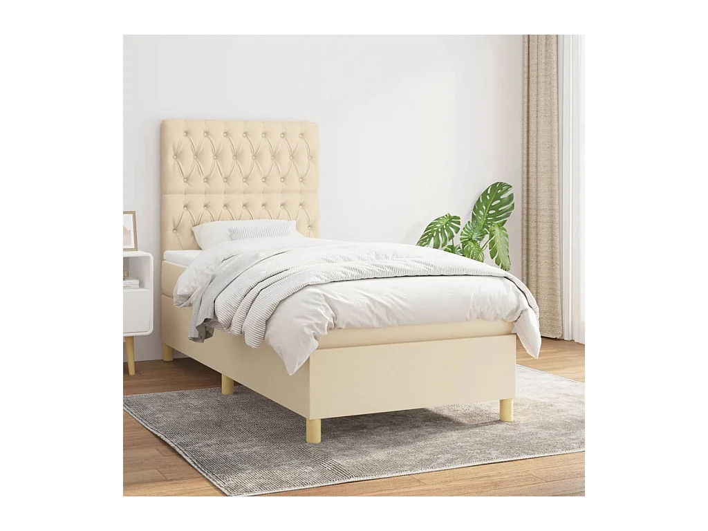 Cama box spring con colchón tela color crema 90x200 cm