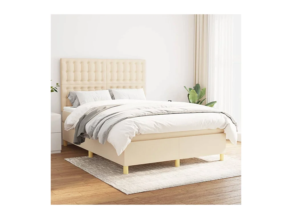 Cama box spring con colchón tela color crema 140x190 cm