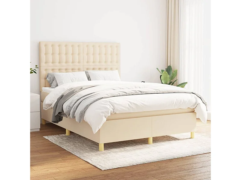 Cama box spring con colchón tela color crema 140x190 cm