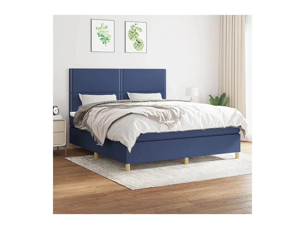 Cama box spring con colchón tela azul 180x200 cm