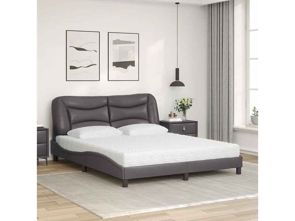 Cama con colchón cuero sintético gris 160x200 cm