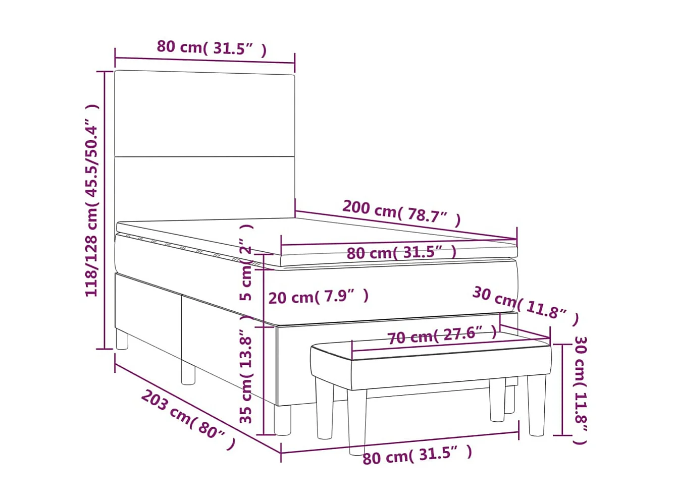 Cama box spring con colchón tela azul 80x200 cm