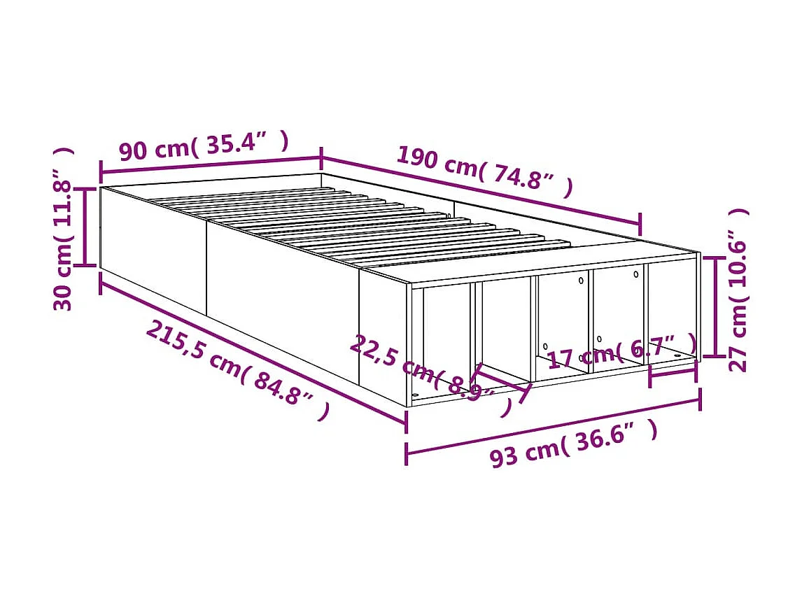 Estrutura cama 90x190 cm derivados de madeira cinzento sonoma
