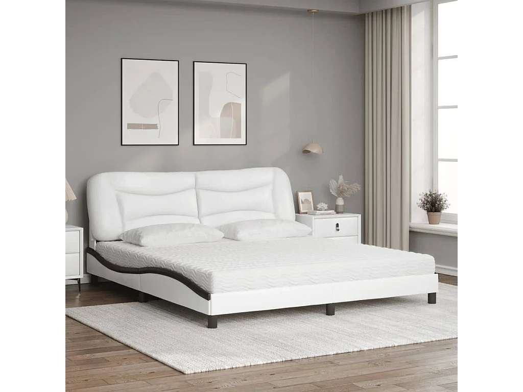 Cama con colchón cuero sintético blanco y negro 180x200 cm