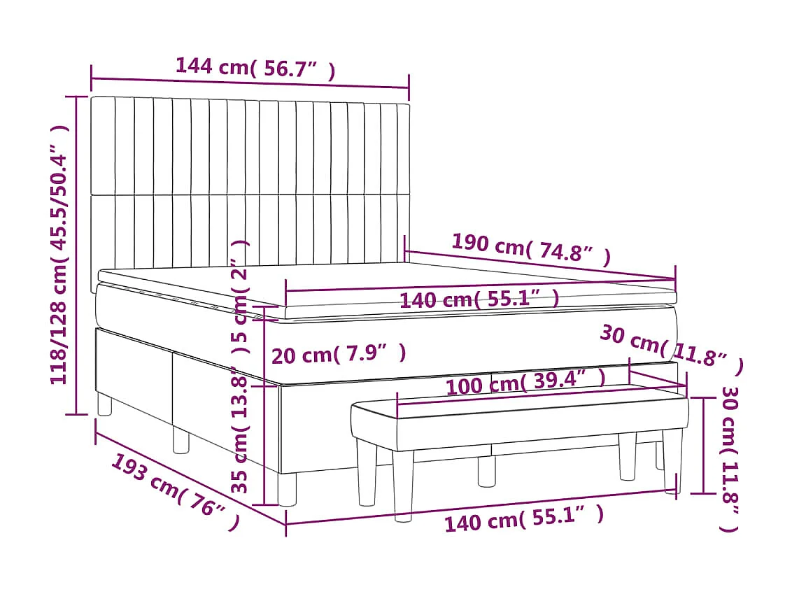 Cama box spring con colchón tela gris claro 140x190 cm
