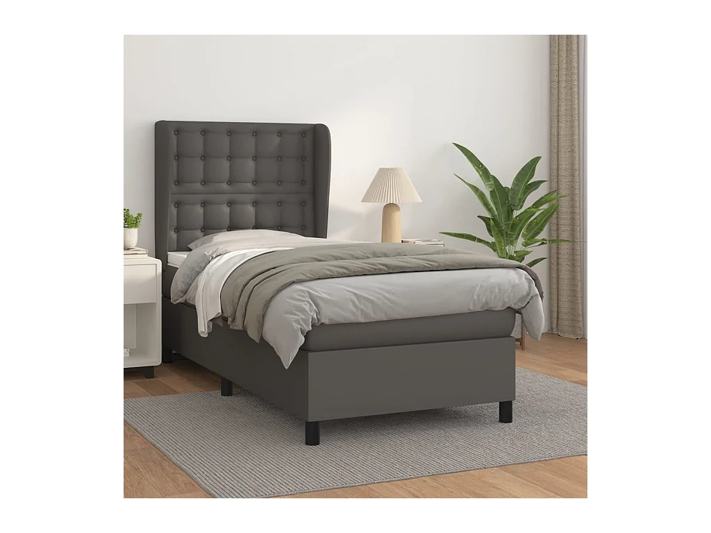 Cama box spring con colchón cuero sintético gris 90x200 cm