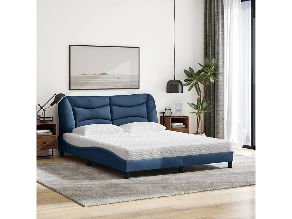 Cama con colchón de tela azul 160x200 cm