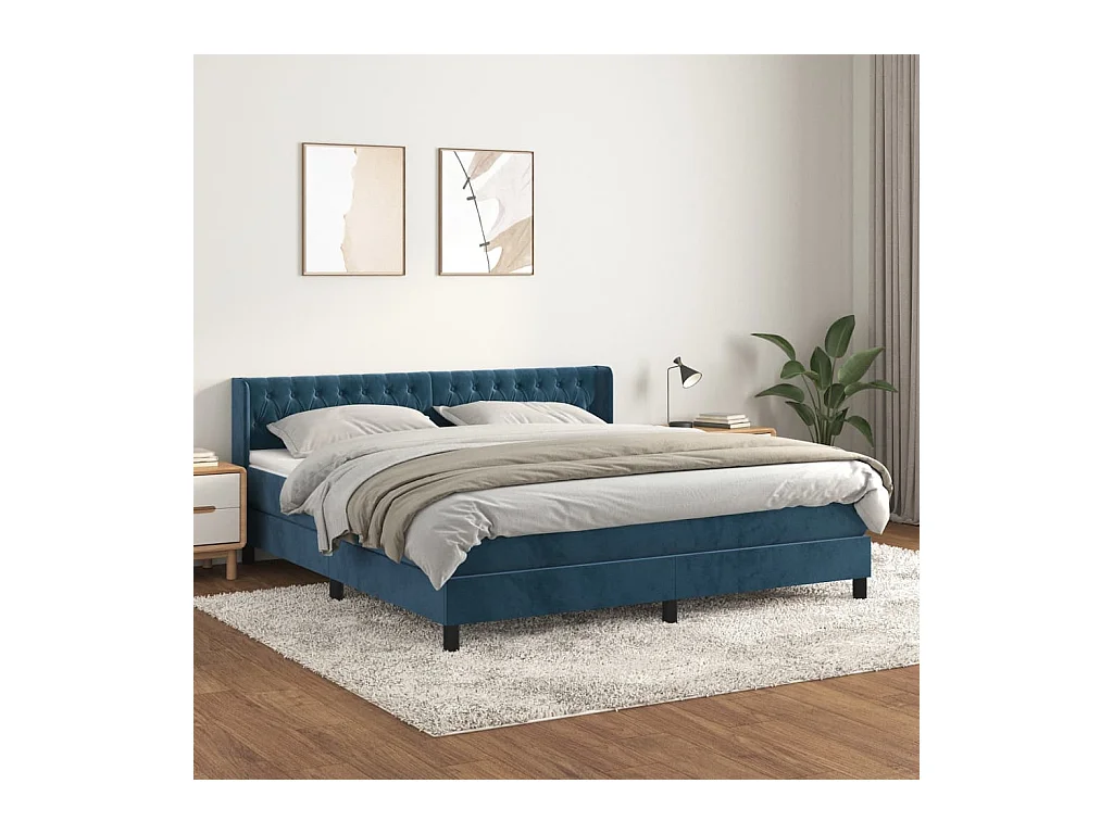 Lit à sommier tapissier et matelas Bleu foncé 160x200cm Velours