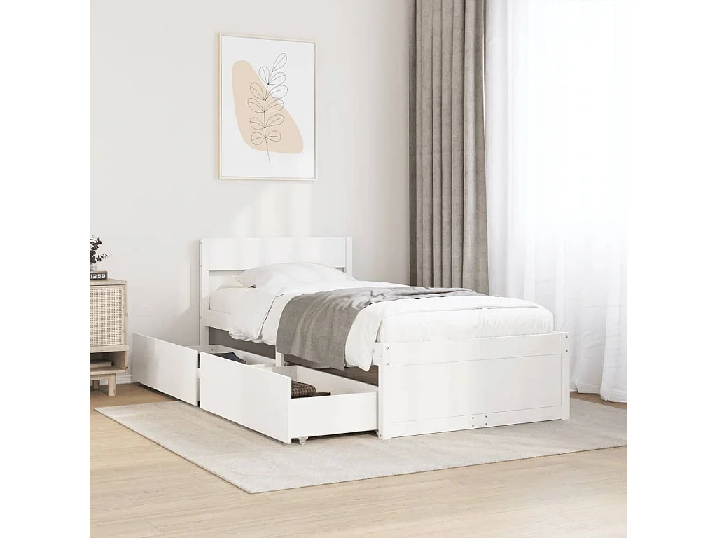 Cadre de lit avec tiroirs blanc 90x190 cm bois pin massif