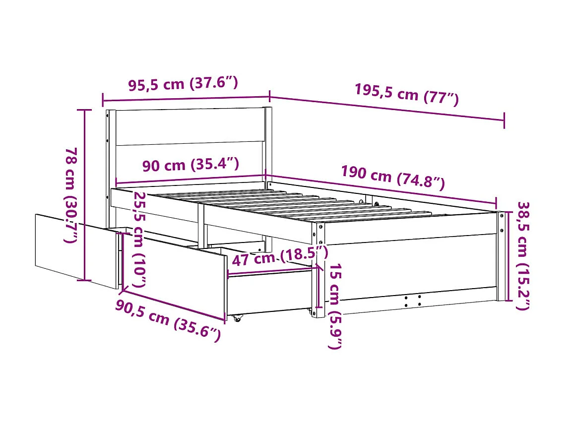 Cadre de lit avec tiroirs blanc 90x190 cm bois pin massif
