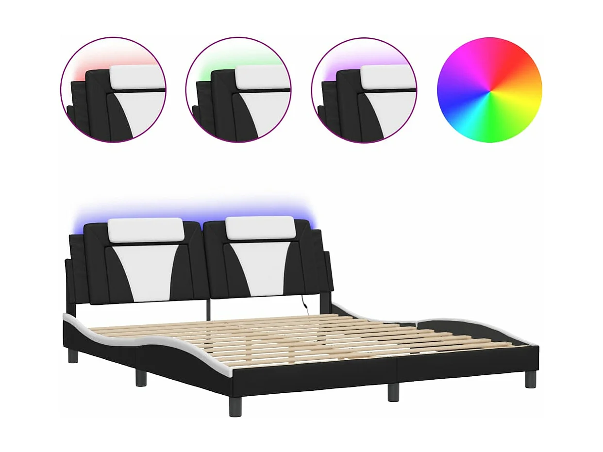 Estructura cama con luces LED cuero PE negro blanco 180x200 cm