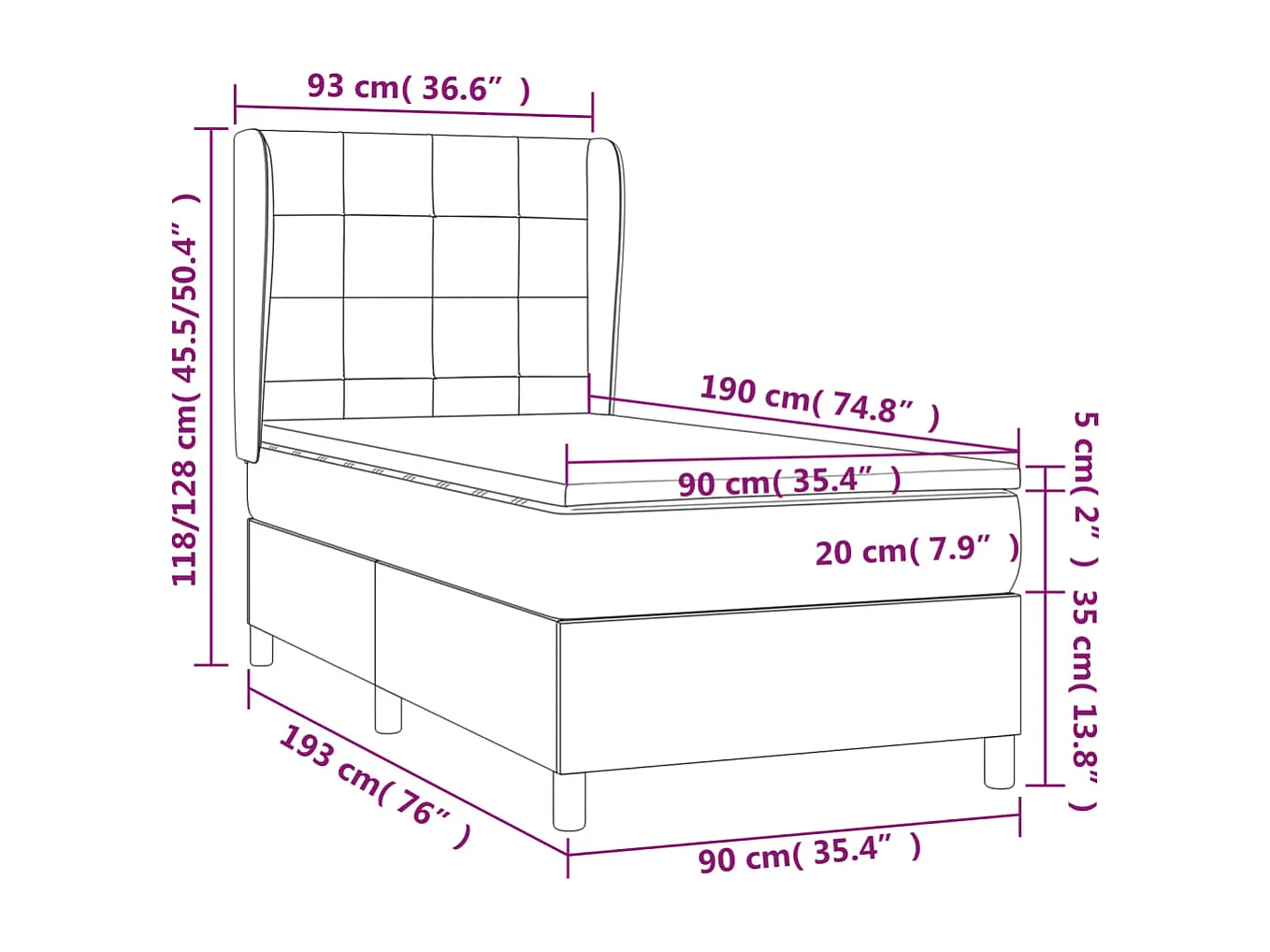 Cama box spring con colchón tela marrón oscuro 90x190 cm