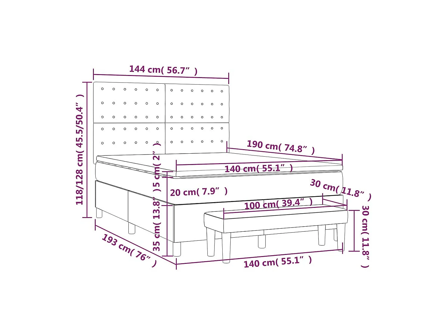 Cama box spring con colchón tela negro 140x190 cm