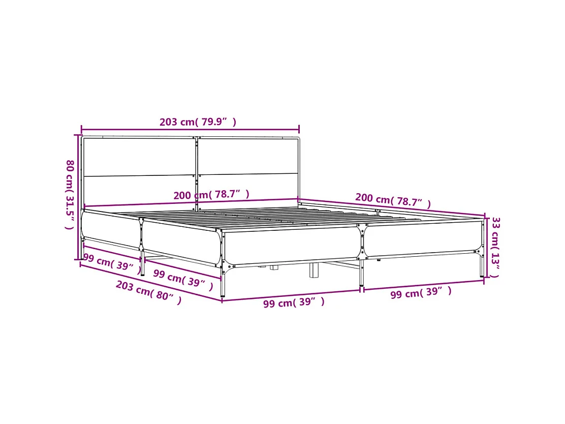 Estructura de cama madera de ingeniería y metal negro 200x200cm
