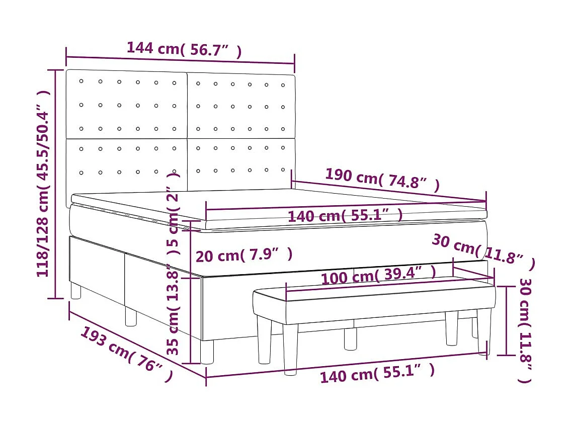 Cama box spring con colchón tela gris claro 140x190 cm