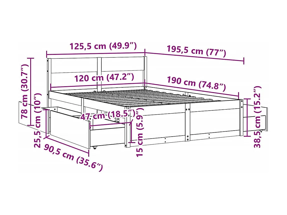Estructura de cama con cajones madera pino marrón 120x190 cm