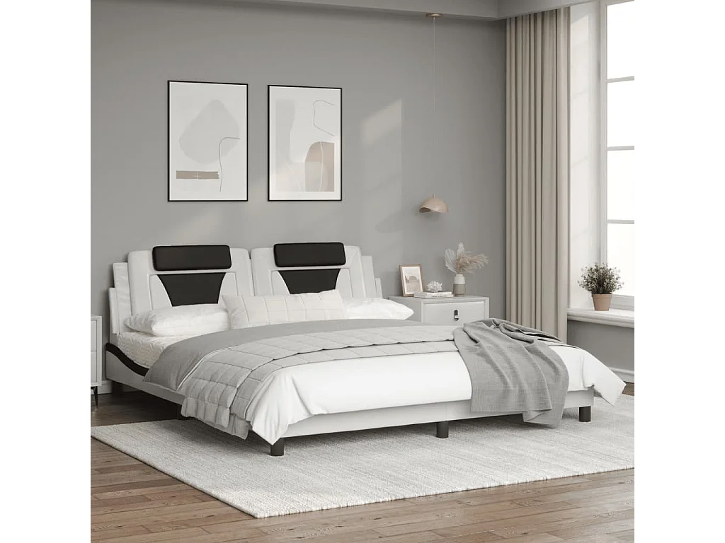 Estructura de cama con cabecero cuero sintético blanco y negro